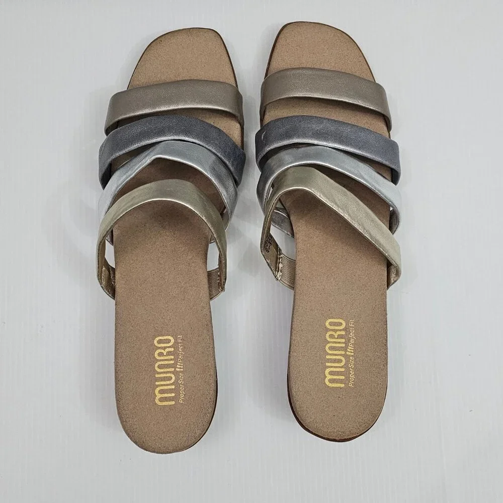 Munro Adrianne Metallic Strappy Sandal Womens 10 NARROW Taupe Leather Slide